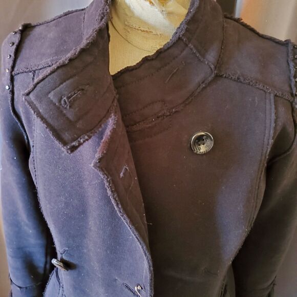 Vintage 90s Black Be Rock Los Angeles Express Long Coat Jacket, S-M - Picture 2 of 16